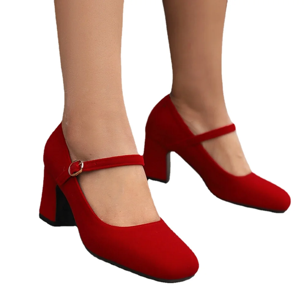 

Zapatos De Mujer 2024 New Women Shoes High Heels Round Toe Buckle Strap Party Wedding Shoes Bride Red Black Pumps 7618-22