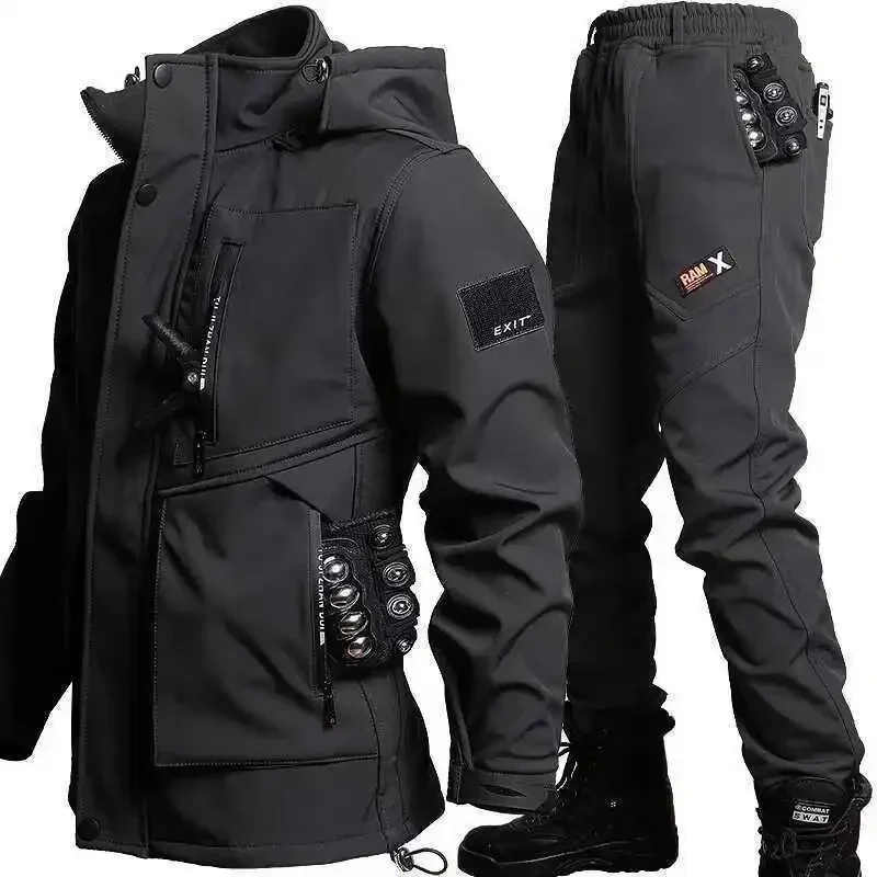 Winter Outdoor Mens Combat Sets Thicken Windproof Warm Tactical 2-pcs Fleece Multi Pocket Hooded Jacket+Cargo Pants Charge Suits