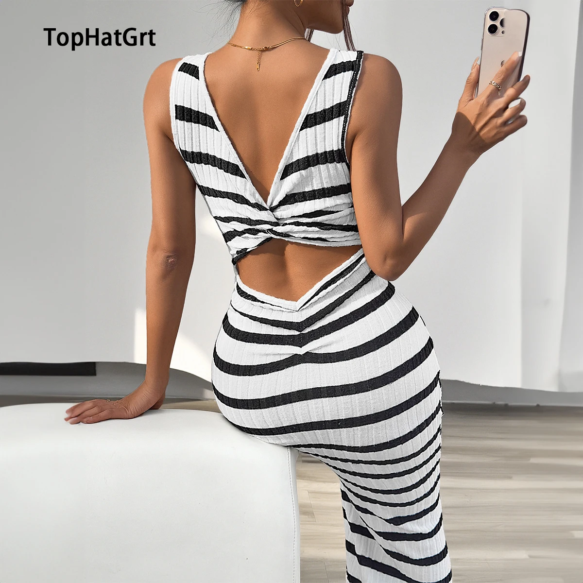 

2024 Spring and Summer Women's Casual Slim Striped Sleeveless Dress