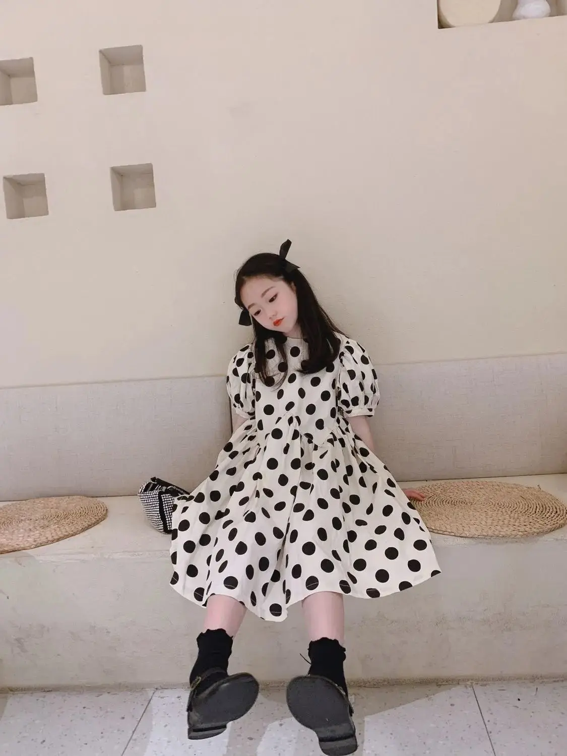2023 neue Koreanische Mode Vintage Süße Casual Ästhetischen Chic Nette Kawaii Kleid Dot Lose Kontras Farben Kleidung Kinder Mädchen – Detail 9
