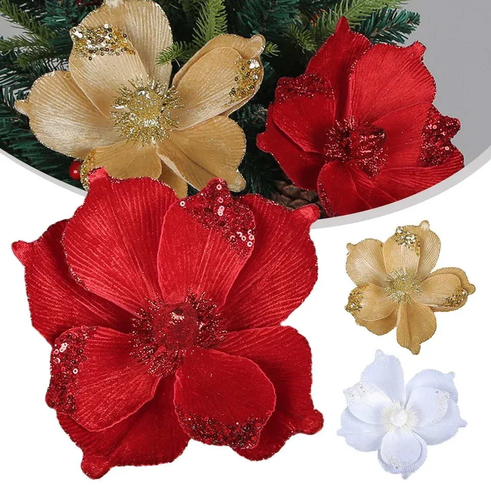 24 Poinsettias Scintillants De Noël - 3 Tailles - Décoration Sapin Rouge Et Or - Fausses Fleurs Avec Clips