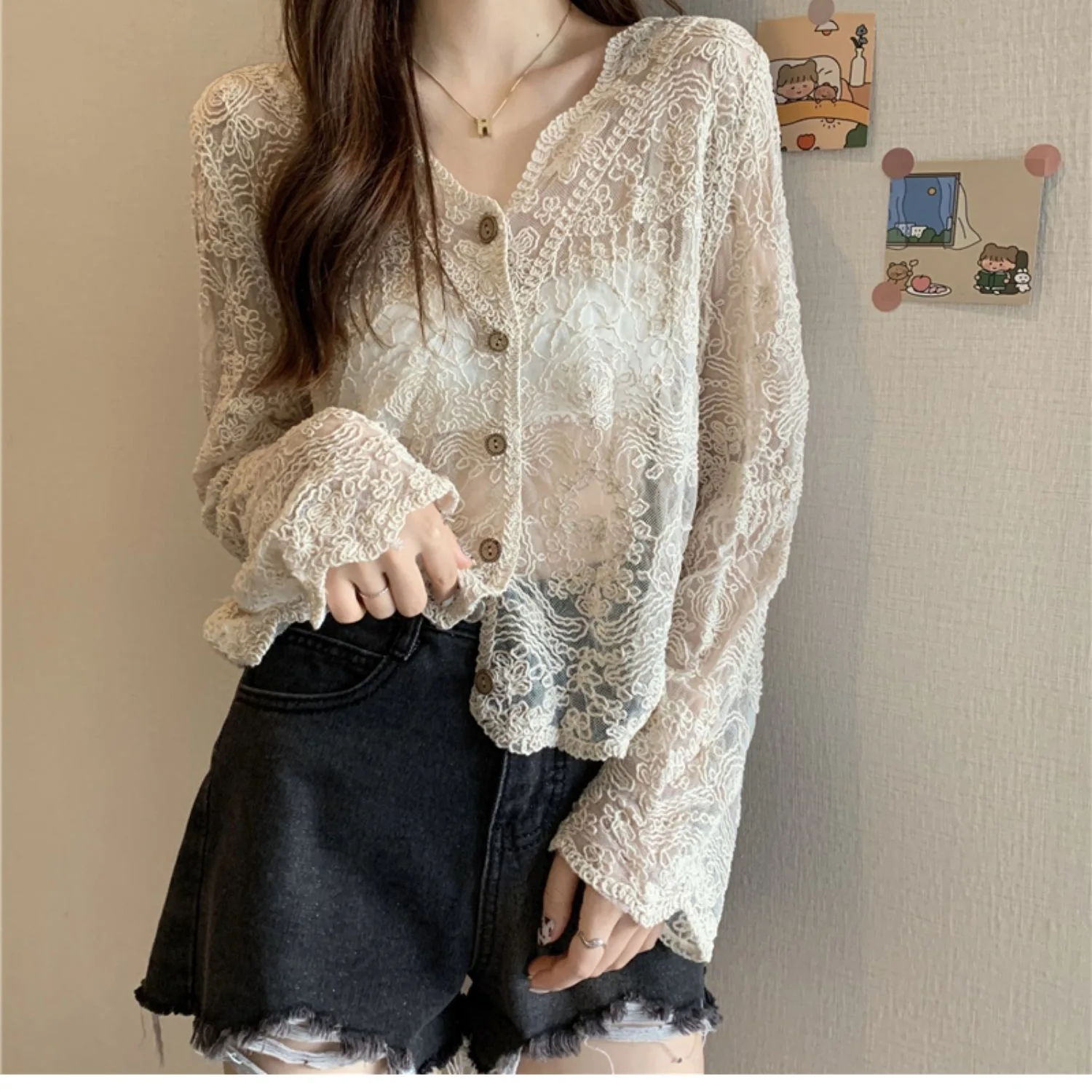 Women Lace Crochet Blouse Shirt Black White