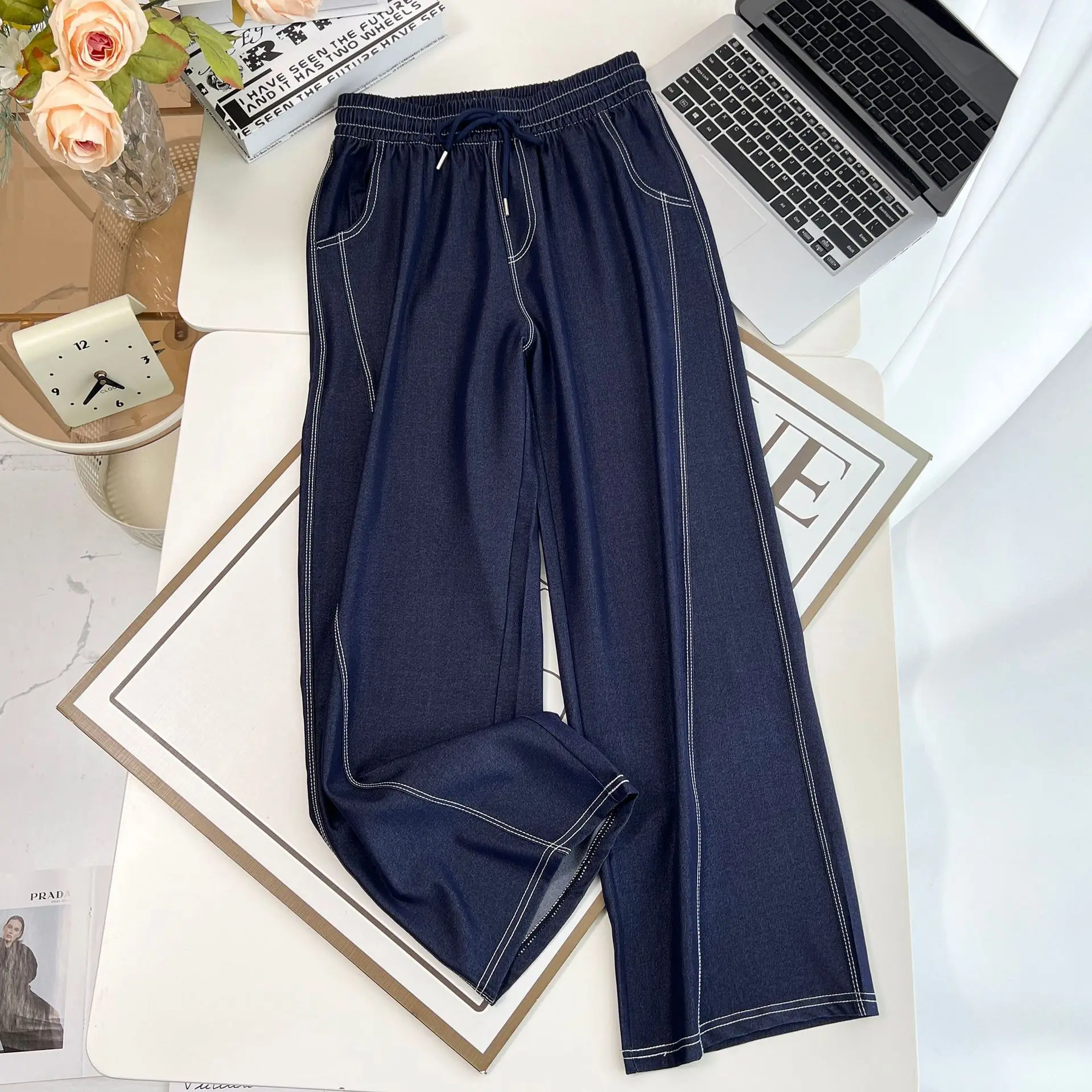 100KG New Summer Wide Leg Jeans Thin Bright Line Lyocell Denim Curved Plus Size Women's Trousers 336
