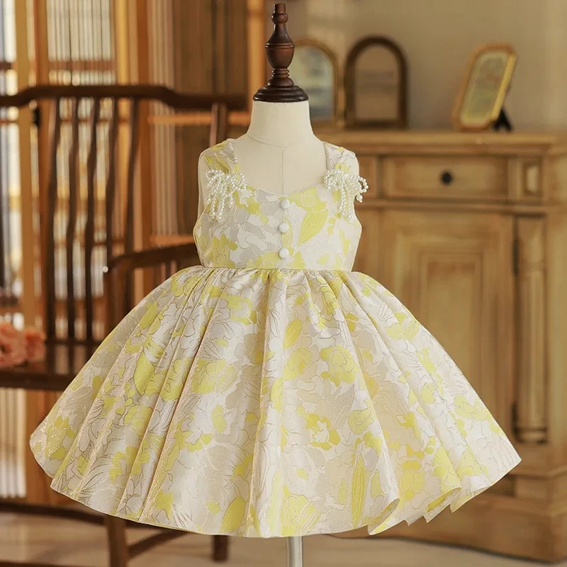 

New Summer Dress for Girls 1 to 8 Yrs Children's clothing Cute Kid's Birthday Princess Dress Solid Elegant Wedding Party Dress