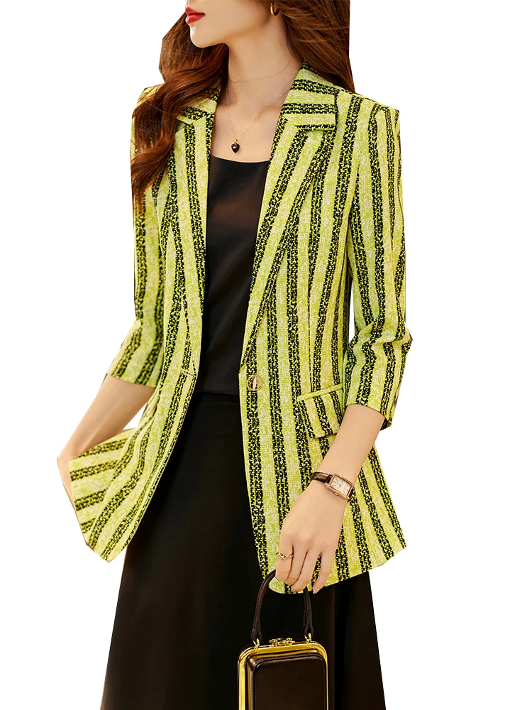 

Women Half Sleeve Summer Spring Blazer Ladies Green Blue Stripe Single Button Female Formal Jacket Coat
