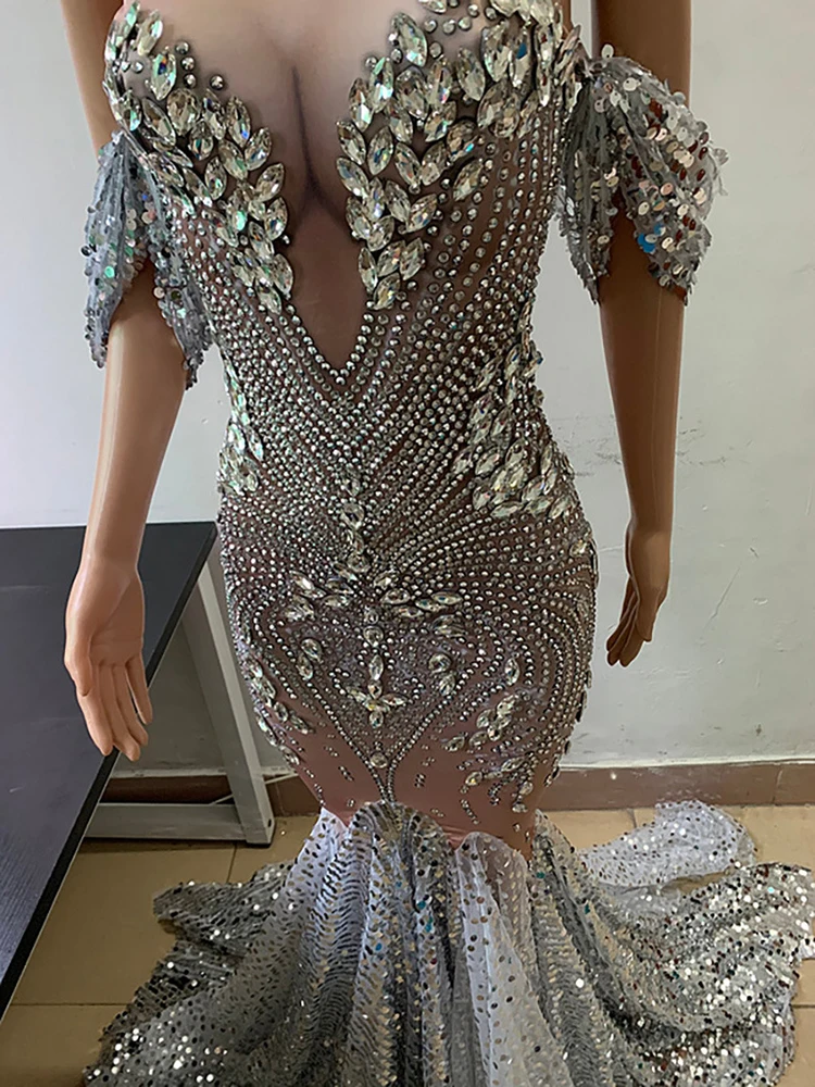 Flashing Silver Rhinestones Sequined Floor Length Dress Women Birthday Prom Celebrate Outfit Evening Women Long Big Tail Dress
