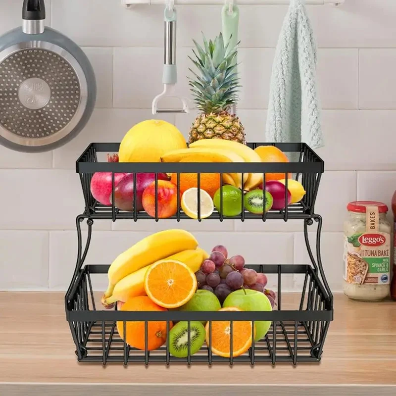 ABRW-2 Tiers Fruit Basket Metal Fruit Bowl Bread Baskets Countertop Vegetable Storage Stand For Kitchen Accessories
