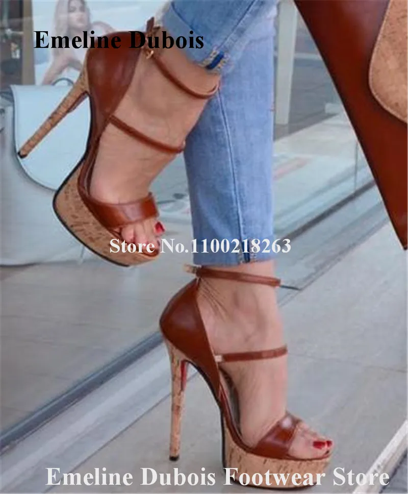 

Wooden Stiletto Heel Sandals Emeline Dubois Open Toe Brown Leather Patchwork High Platform Dress Shoes Sexy Party High Heels