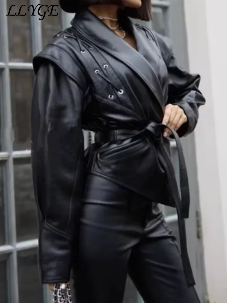 Vintage Women's Leather Jacket With Belt Slim Lace Up Lapel Long Sleeve Locomotive Coat 2024 Autumn Lady High Street Y2k Outwear 5
