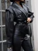 Vintage Women's Leather Jacket With Belt Slim Lace Up Lapel Long Sleeve Locomotive Coat 2024 Autumn Lady High Street Y2k Outwear 5