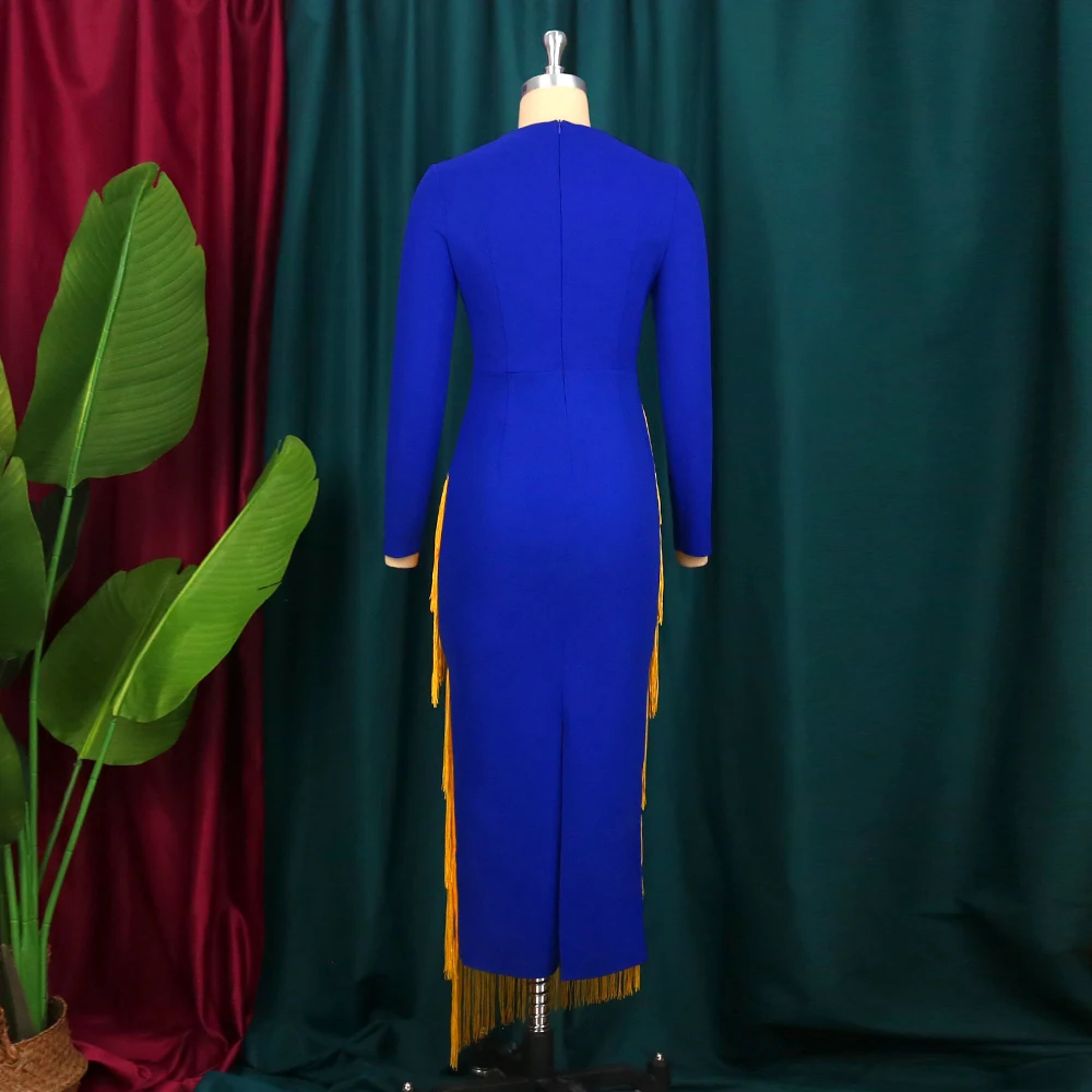 Blue & Yellow Tassels Long Sleeve Cut Out Bodycon Dress 3