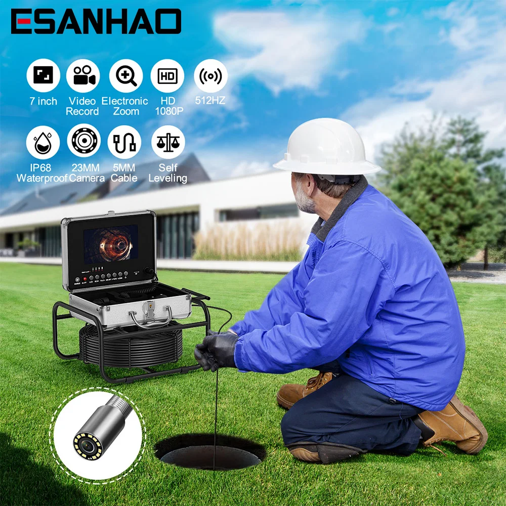 

Sewer Pipe Inspection Camera with 512HZ Pipe Locator Auto Self Leveling DVR Video Endoscope Camera 7" Screen 20M 23mm Tube Lens