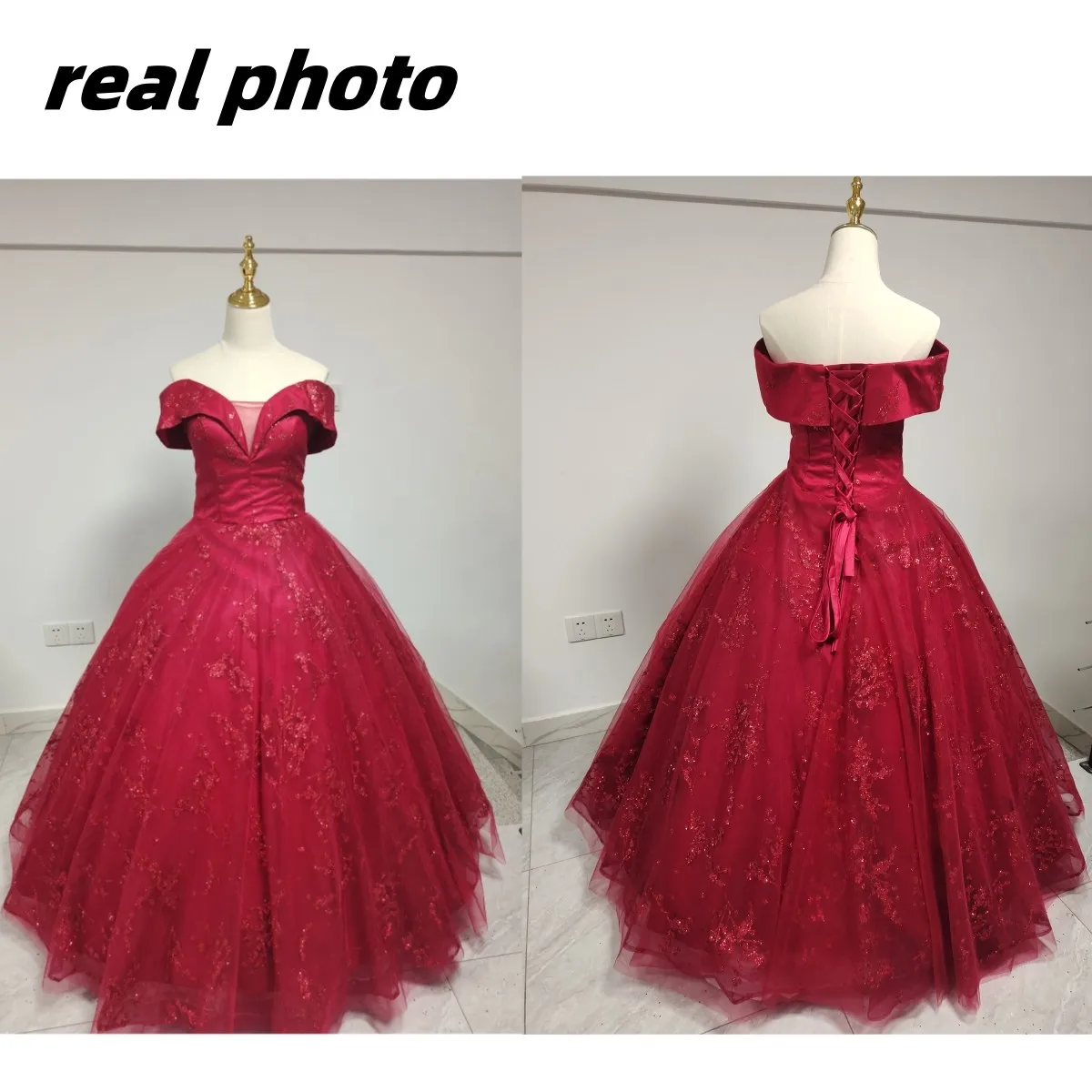 Red Evening Dress New Off The Shoulder Classic Elegant Ball Gown Sleeveless Sequined Tulle Banquet Shinning Host Customized party dress