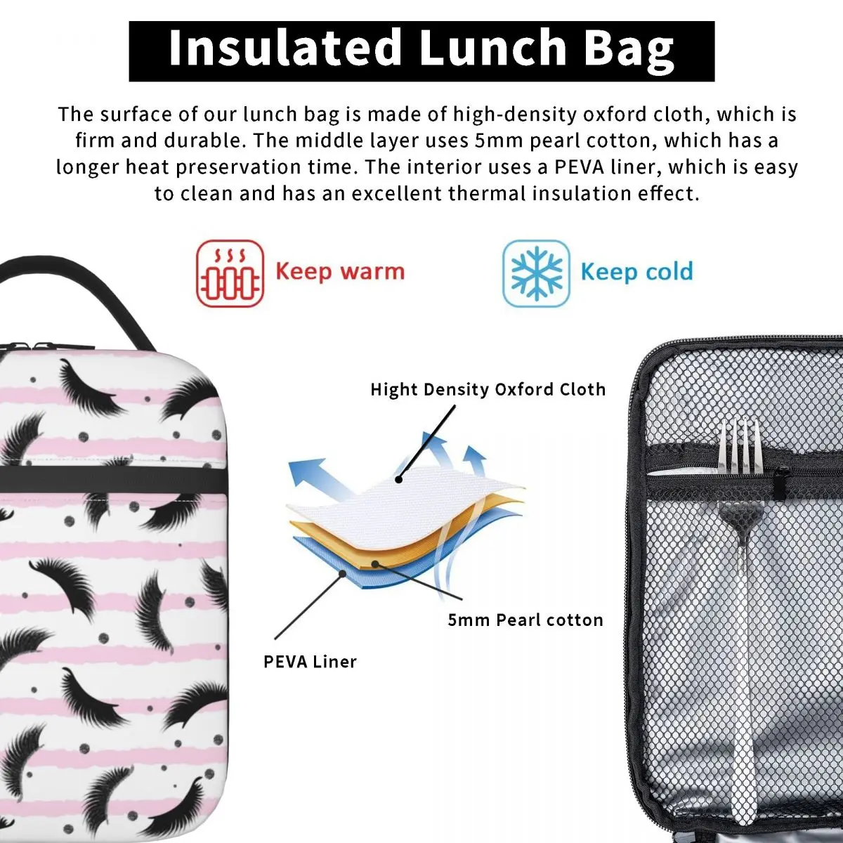 Eyelash Eyes Insulated Lunch Bags Office Lashes With Silver Glitter Confetti Seamless Cooler Thermal Bento Box Women Children