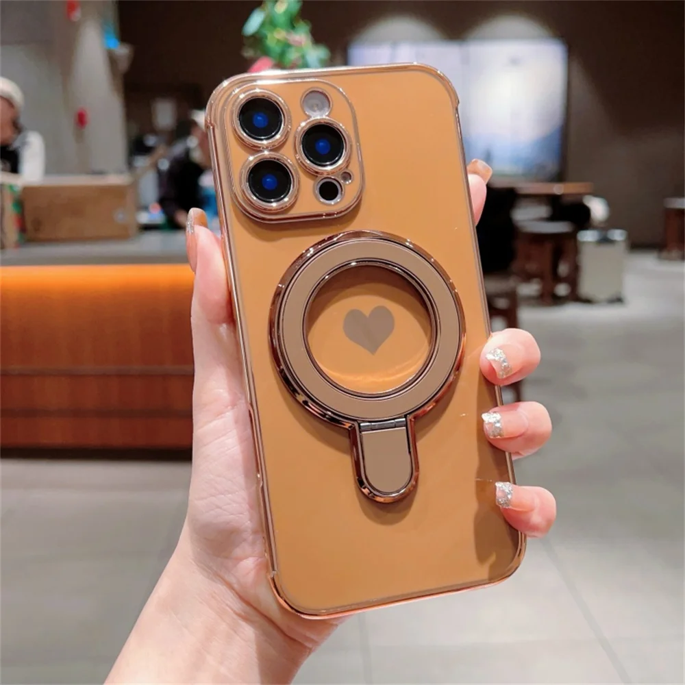 Magnetic Love Heart Stand Holder Phone Case with Plating