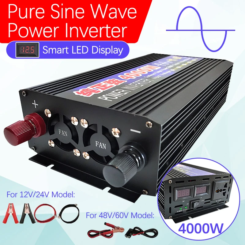 

4000W 3000W 2600W 2000W Pure Sine Wave Voltage Converter DC 12V 24V TO AC 220V Solar Inverter Transformer for Car Home