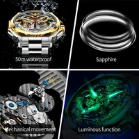 Montre-bracelet pour homme OUPINKE, squelette, acier inoxydable 316, étanche 50m, montre mécanique automatique originale, date, lumineuse. 5