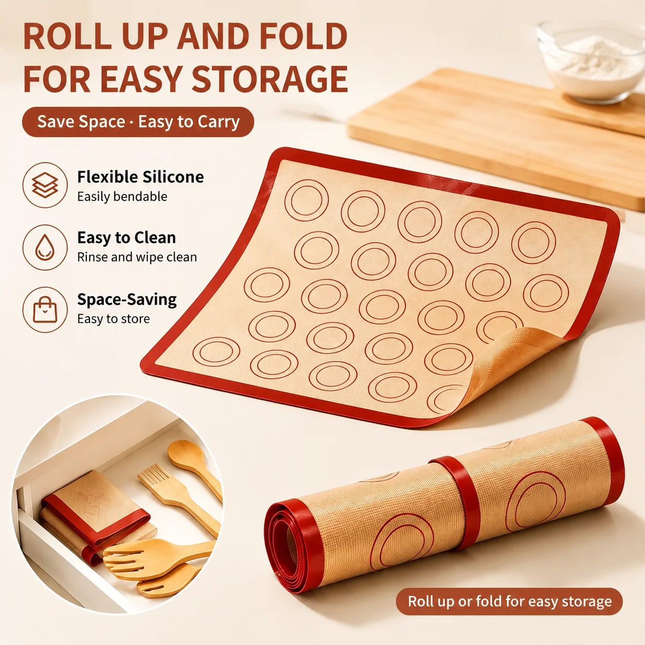 Set of Silicone Baking Mats - Thin, Non-Stick, Reusable, Heat-Resistant, Food-Grade for Oven Cooking and Pastry