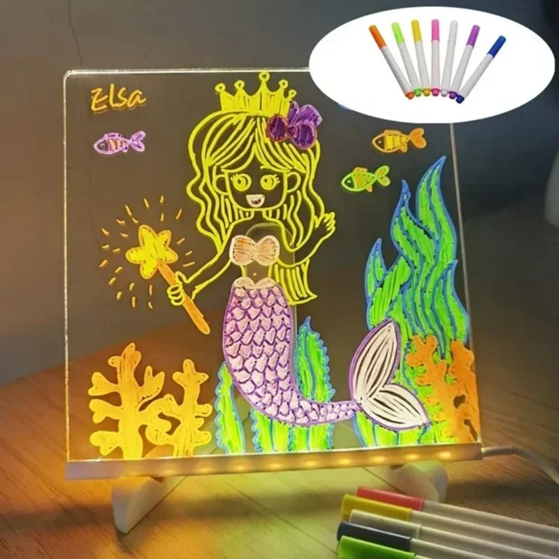 Tablón De Anuncios LED Portátil Con 7 Pinceles Y Soporte – Tablero Acrílico Borrable Para Niños Y Aulas