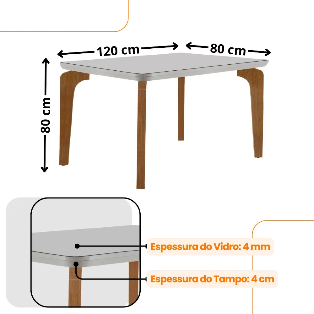 Conjunto Sala de Jantar Mesa Liz 120cm com Vidro Canto Copo e 4 Cadeiras Athenas Moderna 3