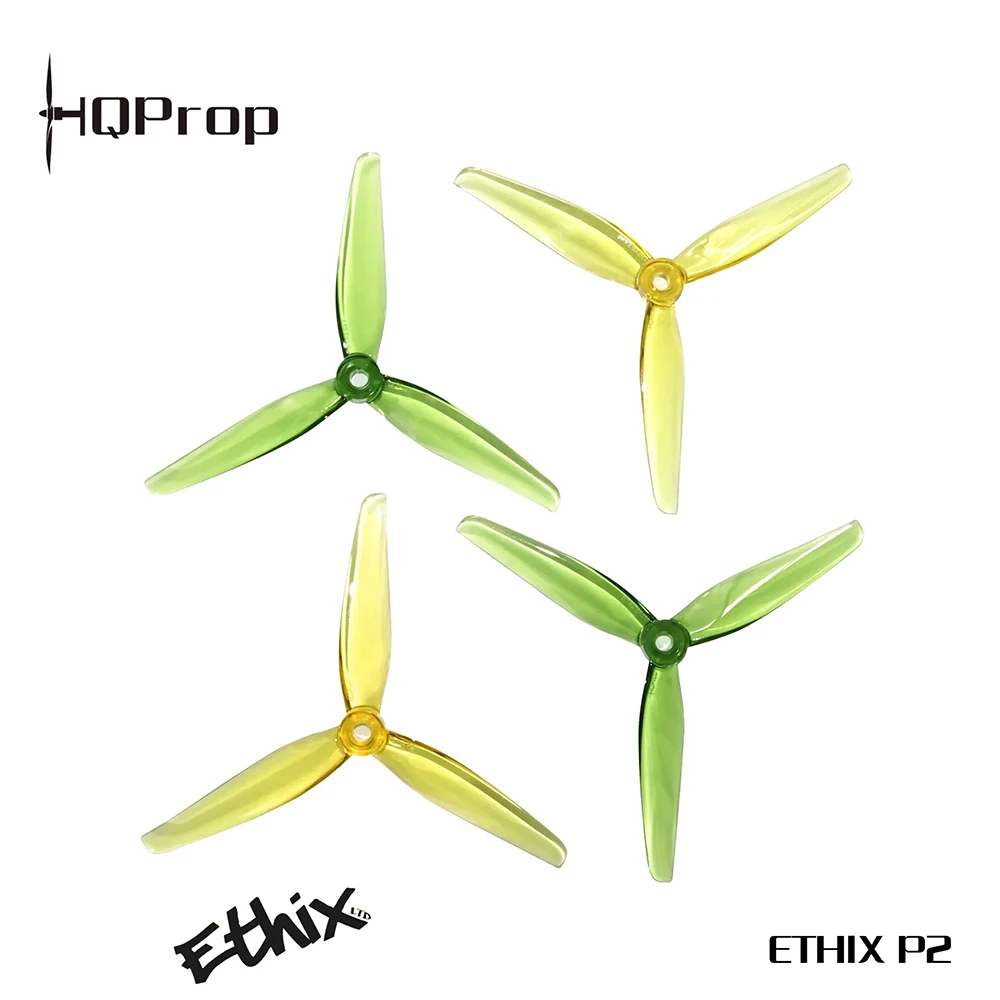 Paire d'hélices Ethix P2 5.1x2.9x3 3 pales CW et CCW pour drone FPV, sur fond noir