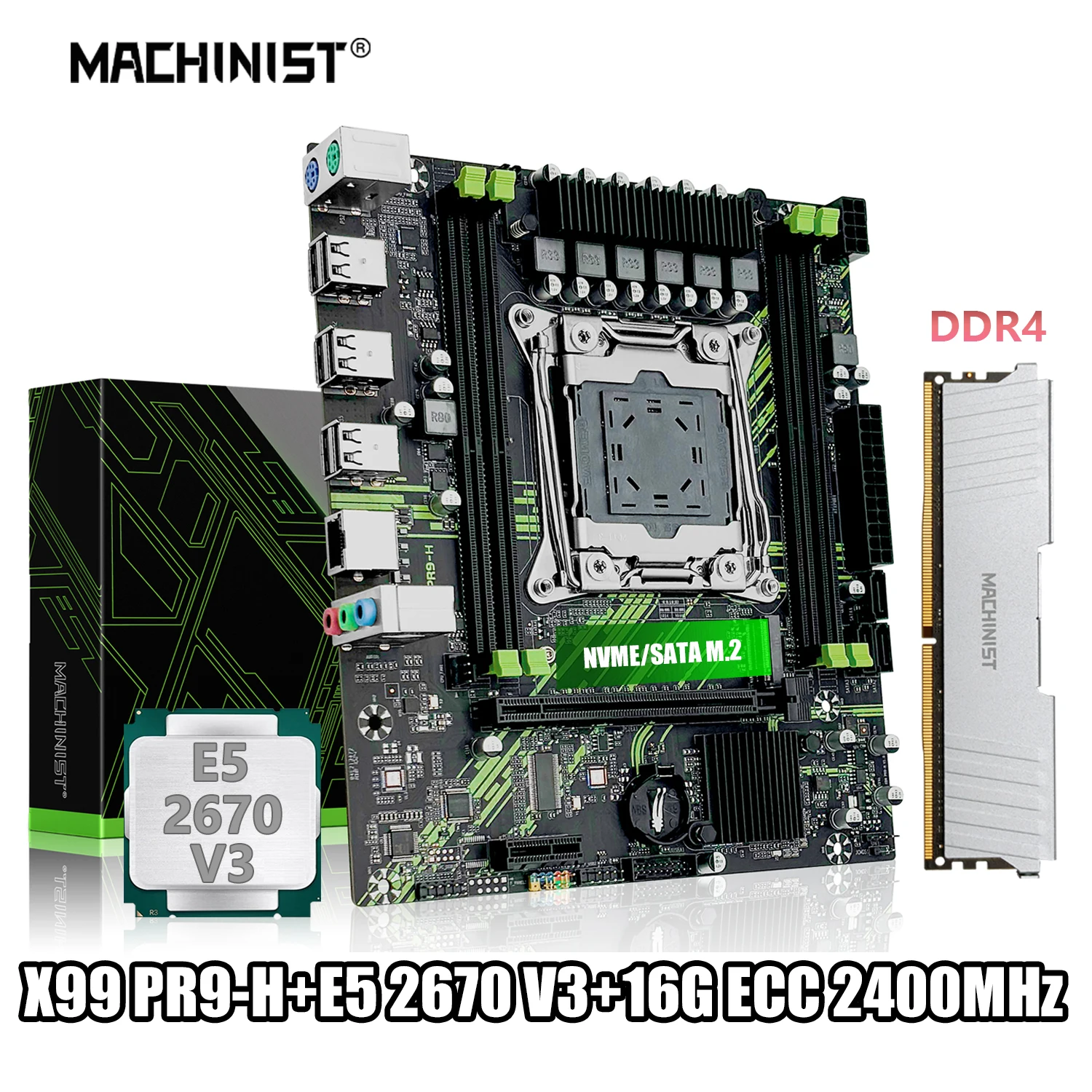 

MACHINIST X99 PR9-H Motherboard Set Kit With Intel LGA2011-3 Xeon E5 2670 V3 CPU DDR4 16GB 2400MHZ ECC RAM Memory NVME M.2 SATA