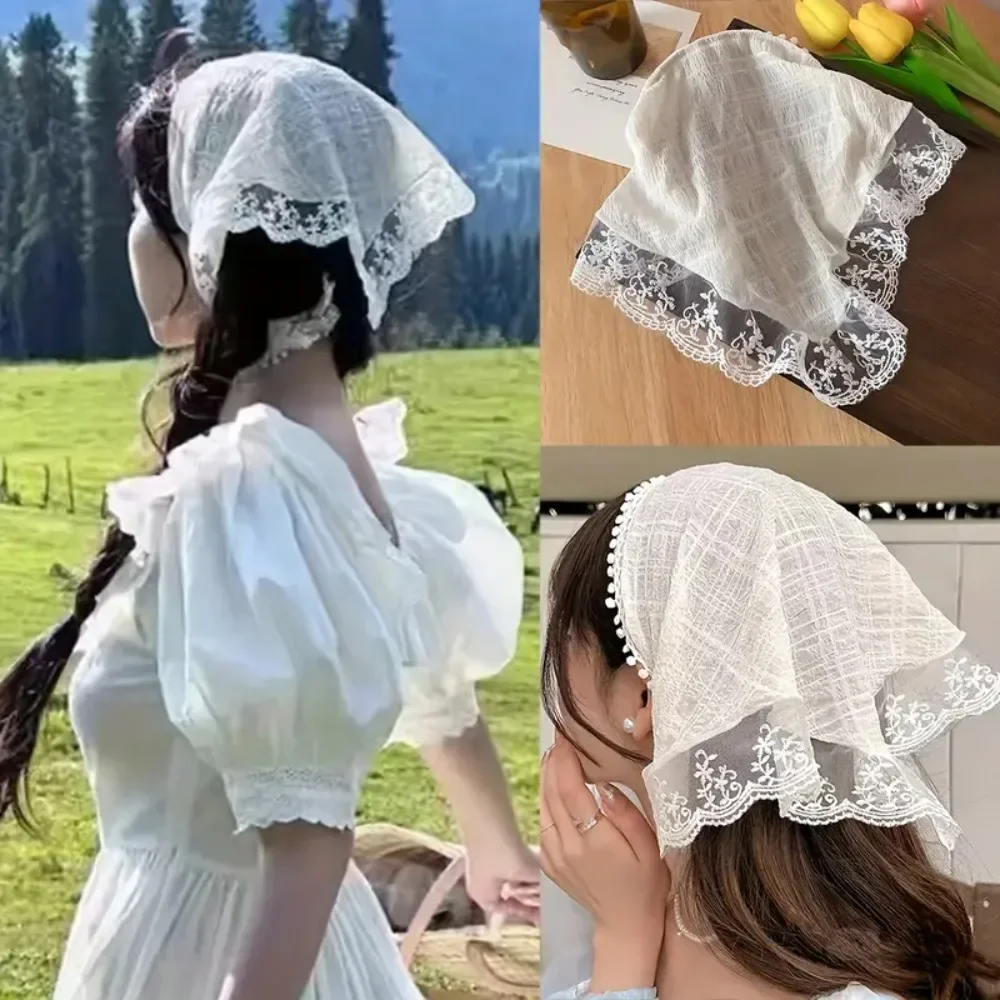 Elegant Lace Knit Triangle Scarf - Chic Sun Protection Headband for Women, Cute & Sweet Style, Summer, Dopamine, Hairband