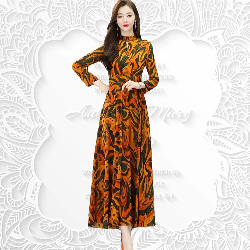 

Spring Summer Women Printing Design Leisure Long Sleeve Chiffon Holiday Beach Dress Temperament High Quality Long Woman Dress
