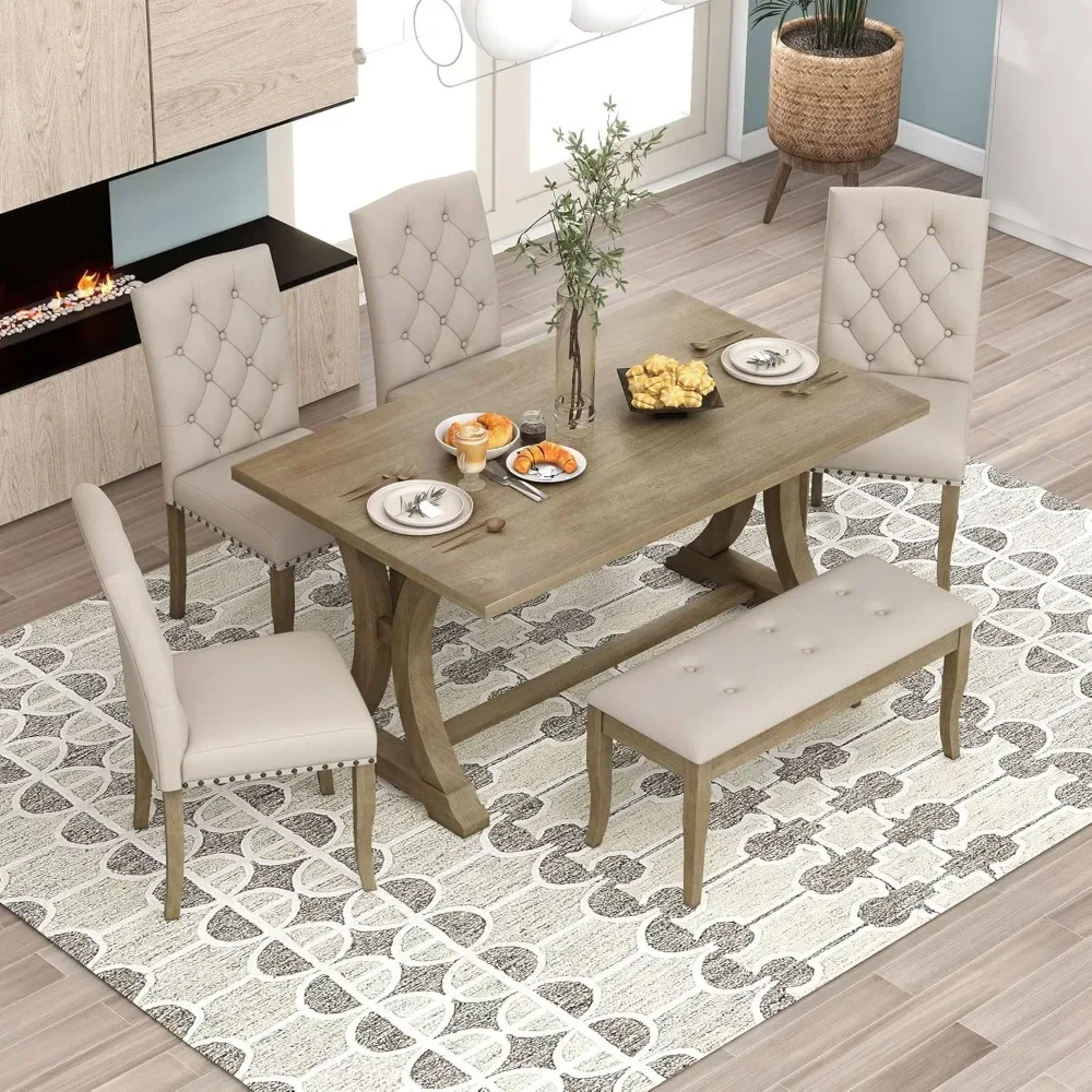 6-Piece Dining Table Set with Bench and 4 Upholstered Chairs 1