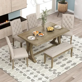 6-Piece Dining Table Set with Bench and 4 Upholstered Chairs 1