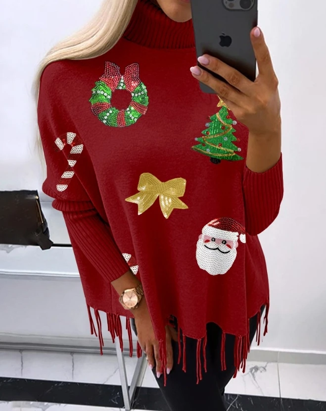 Sweater for Women Bat-Sleeved Turtleneck Christmas Santa Claus Wreath Pattern Contrast Sequin Tassel Shawl Knitted Cape Pullover