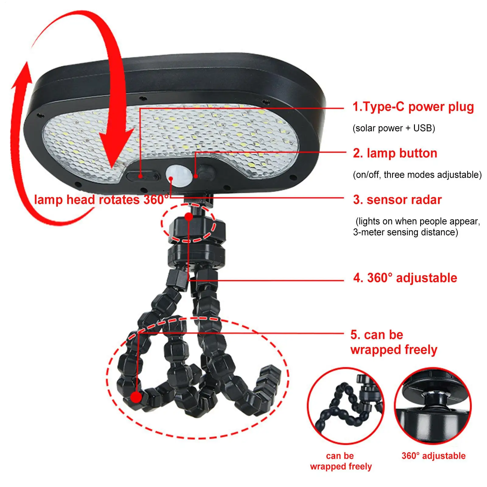 모션 센서 태양광 조명 방수 울타리 램프 야외 보안등, 파티오 정원 데크 마당용 플렉시블 문어 삼각대 포함