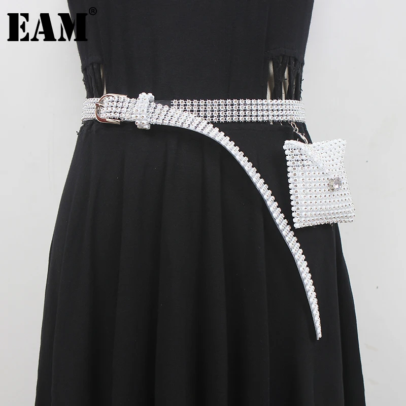 

[EAM] White Rhinestones Mini-bag Shining Long Belt Personality Women New Fashion Tide All-match Spring Autumn 2024 1DF0237