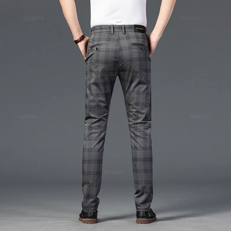 OUSSYU Brand Plaid Pattern Pants Men Cotton Formal Work Business Black Wine Red Fashion Slim Fit Luxury Trousers Male 30-38