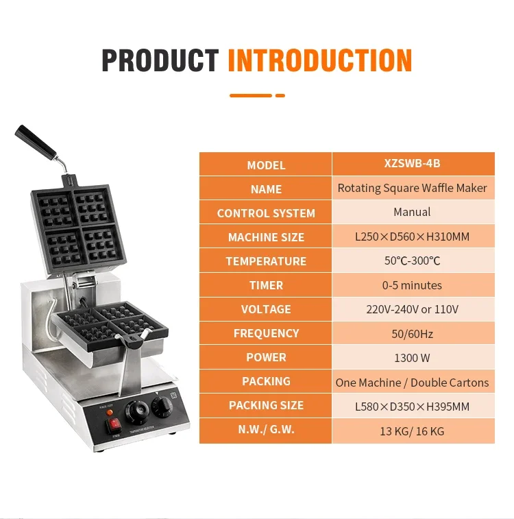 Belgium Waflera Making Machine For Small Business Nonstick Plate 4 Slice Commercial Rotary Square Waffle Makers With CE 2