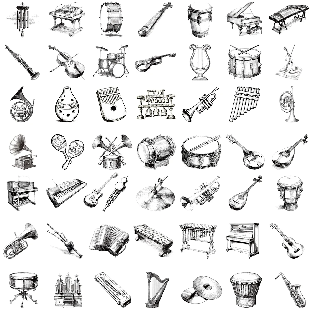 Set of 50 Black and White Cartoon Aesthetic Stickers