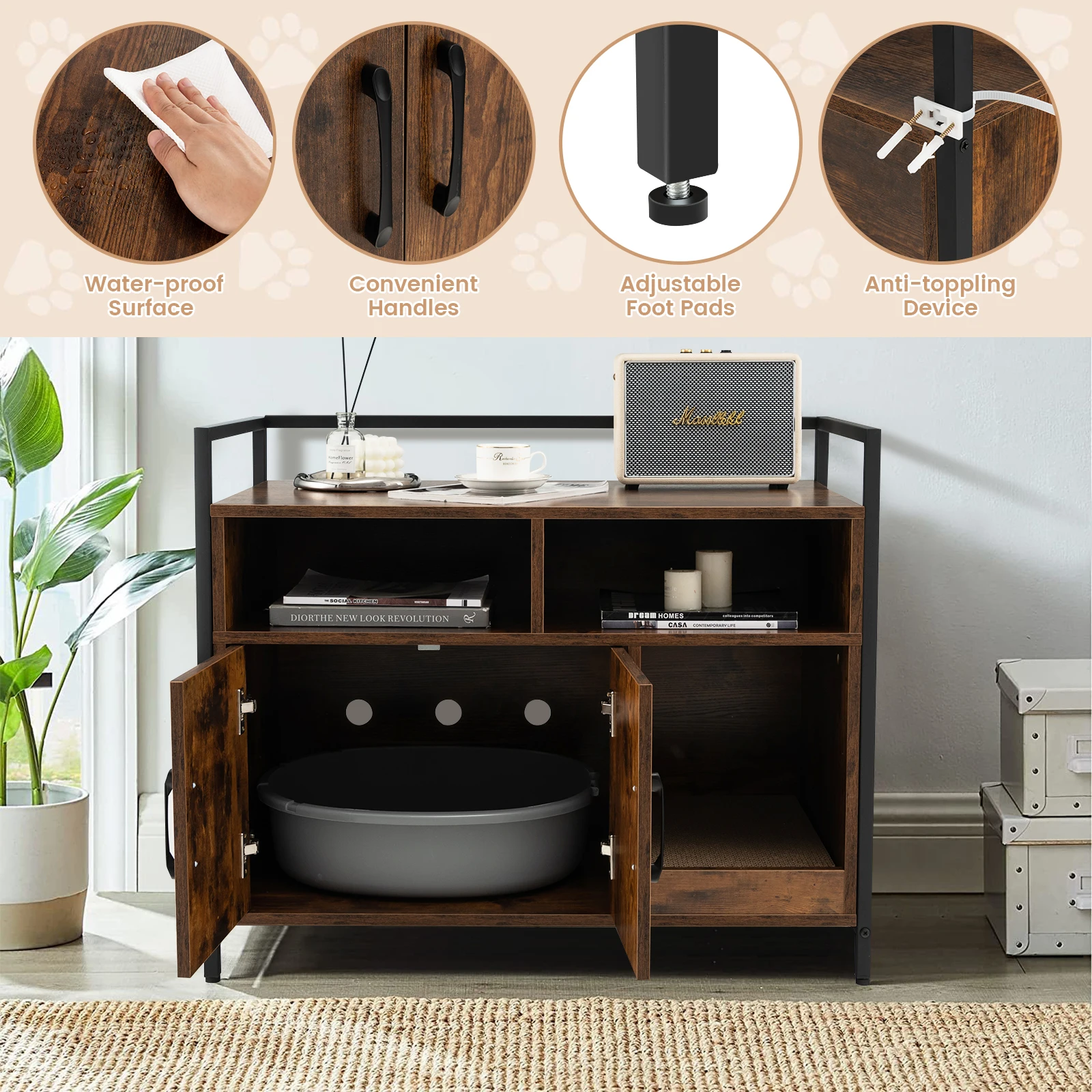 Large Litter Box Enclosure Cat Wooden Storage Cabinet with 2 Doors Coffee