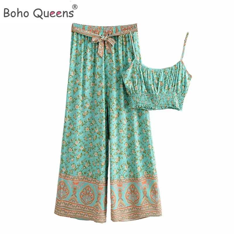 Boho Queens Women Green Floral Print Two Piece Outfits Strap Sleeveless Tops Bohemian Sashes Drawstring Pants 2 Pieces Sets