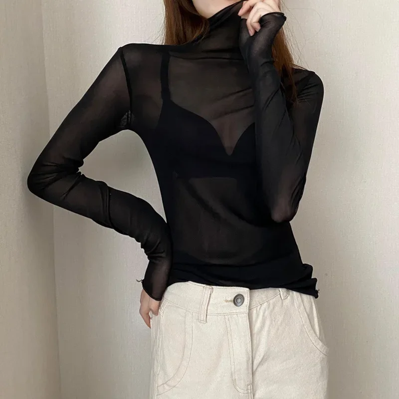 Spring Summer Womens Long Sleeve Sexy Black Mesh Top Blouses Transparent Punk Clubwear Shirt Tees Beach Tops Ladies Bottom Tops