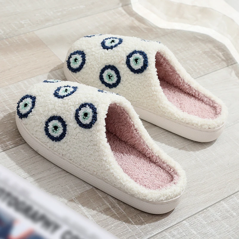2025 Fashion Eyes Embroidery Plush Slippers Women Indoor Soft Sole Home Cotton Shoes Woman Comfortable Non Slip Flats Slides