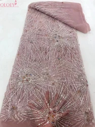 Fashion Elegant French Embroidery Beaded Lace Fabric African Nigerian With Sequins Fabric For Wedding Dress