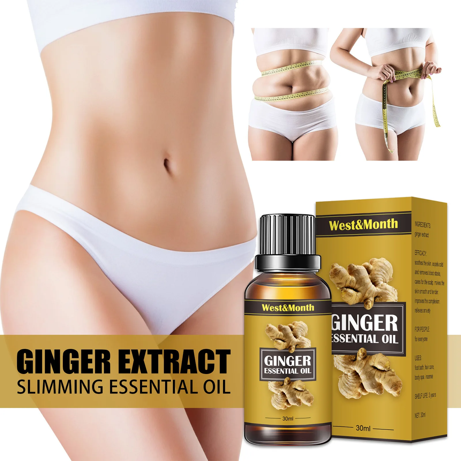 West&ampMonth Natural Ginger Oil Lymphatic Drainage Therapy Anti Aging Plant Essential Promote Metabolism Full Body Slim Oils |