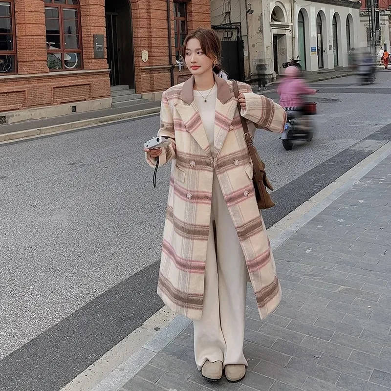 Autumn and Winter New Blends Coats Women Plaid Loose Suit Collar Single-breasted Office Lady Medium-length Tweed Jackets Female