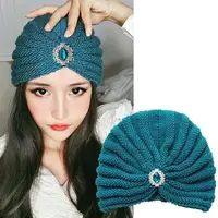 Fashion Winter Warm Hijab Caps Soft Thick Bohemia Turban Diamond Jewelry Wool Knitting Knitted Hats for Women 1