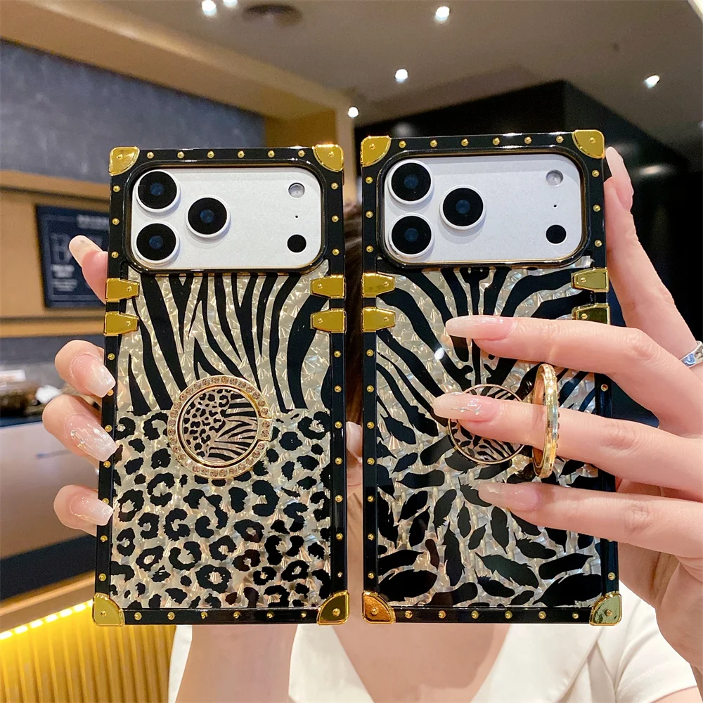 Luxury Leopard Gold Plating Glitter Case with Diamond Ring Stand Cover