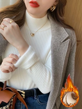 جديد الشتاء الياقة المدورة سترة تريكو المرأة أنيقة رشاقته المخملية اصطف البلوزات الدافئة بلوفر مغزول سليم القمم جيرسي البلوز 3
