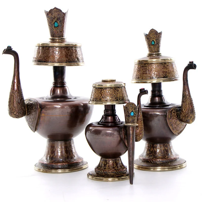 Brass Pemba Pot Asia Temple Family Hall Worshipping Nepal Auspicious Symbols Of Buddhism Peacock Fan Buddhist Supplies
