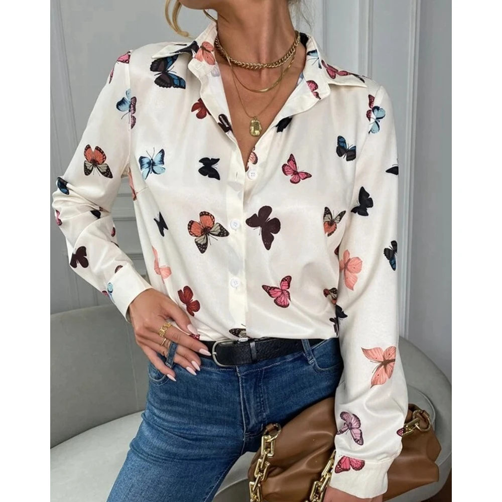 Floral Butterfly Print Long Sleeve Shirts for Women Buttoned Design Turn-down Collar Casual Blouse Top Elegant Spring Outwear