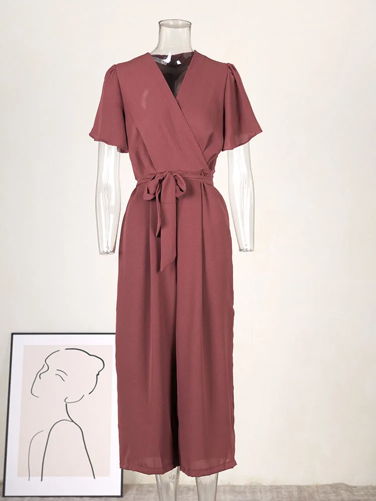 EWQ-monos coreanos con cuello en V para mujer, peto elegante con bolsillos y cordones, pantalones de pierna ancha, mono con cremallera en la espalda, nueva tendencia de verano, SN0190, 2023 - Image 4