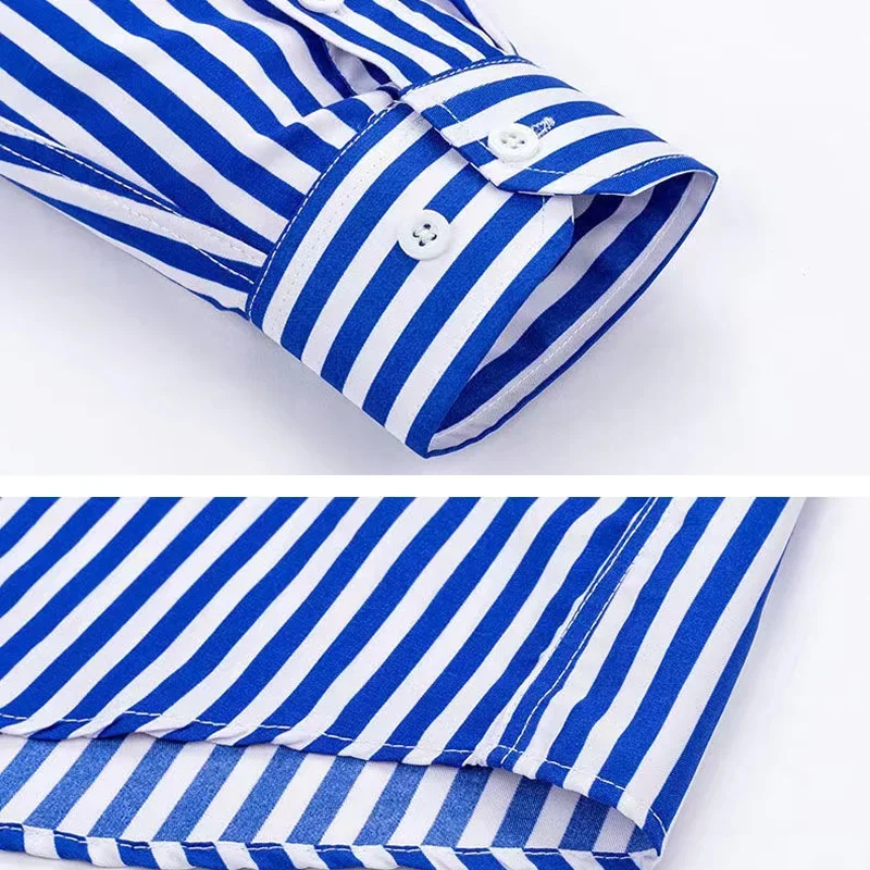 Men's Striped Shirt Light Blue Long Sleeve Shirts All-Match Slim Fit Korean Print Shirt Non-iron Casual Business Dress Shirts - Imagen 5